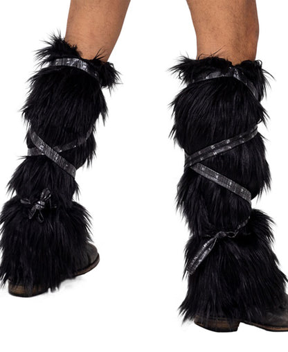 6170 Pair of Black Faux Fur Leg Warmers w/Strap Detail rear view