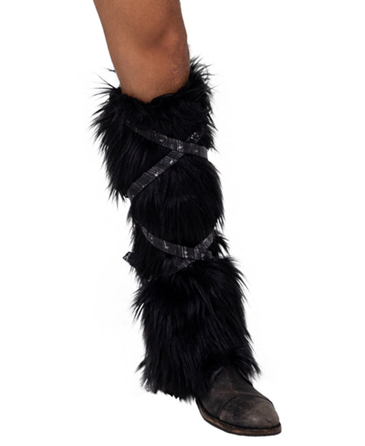 6170 Pair of Black Faux Fur Leg Warmers w/Strap Detail front view