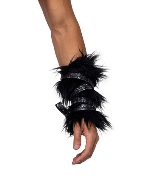 6171 Pair of Black Faux Fur Cuffs with Strap Detail