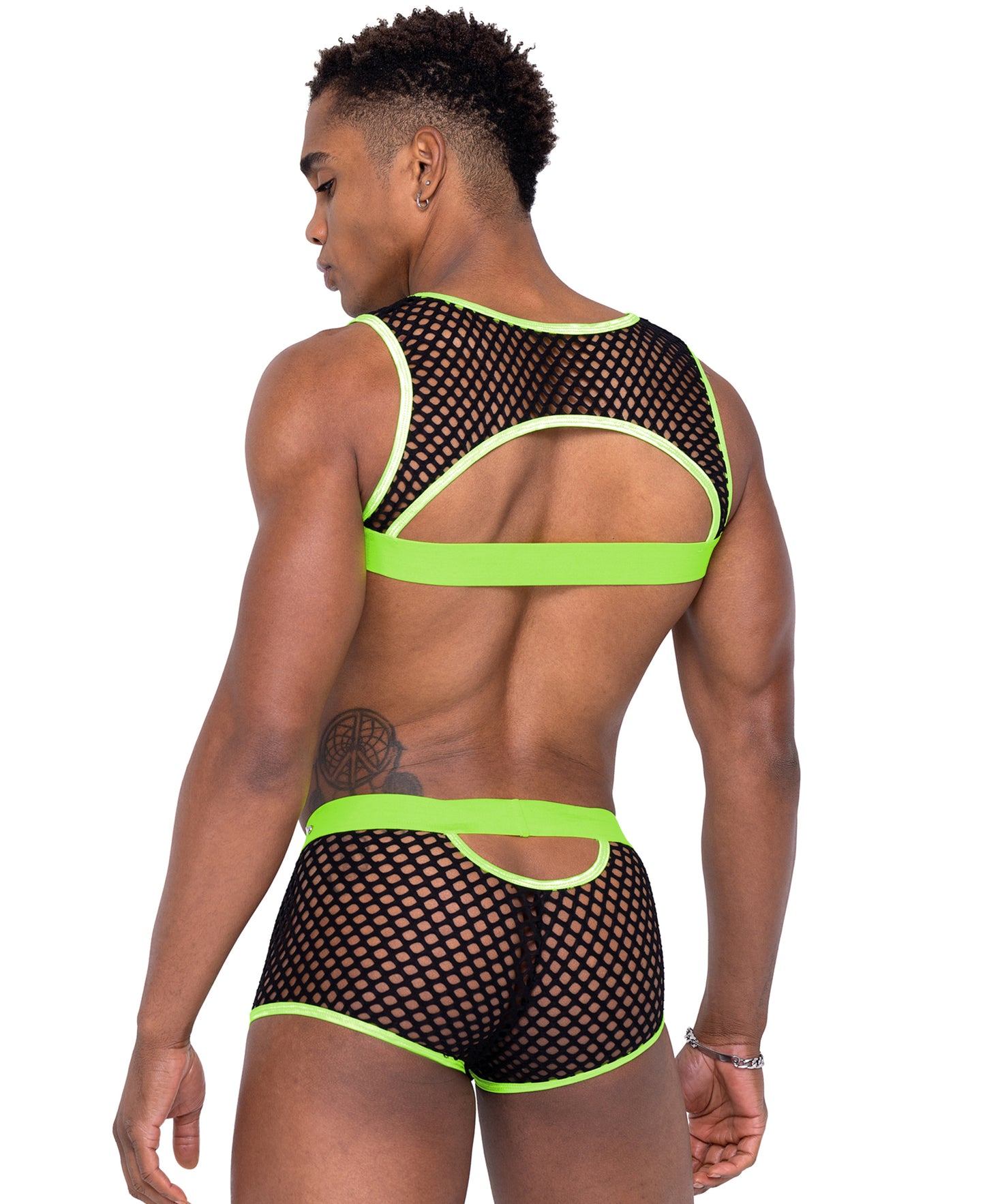 6331 Fishnet Cropped Tank Top with Glow In the Dark Elastic & Stud Detail rear view