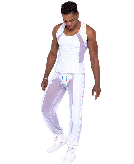 6334 Pride Vinyl Mesh Tank Top with Mesh Panel & Rainbow Studs white front view