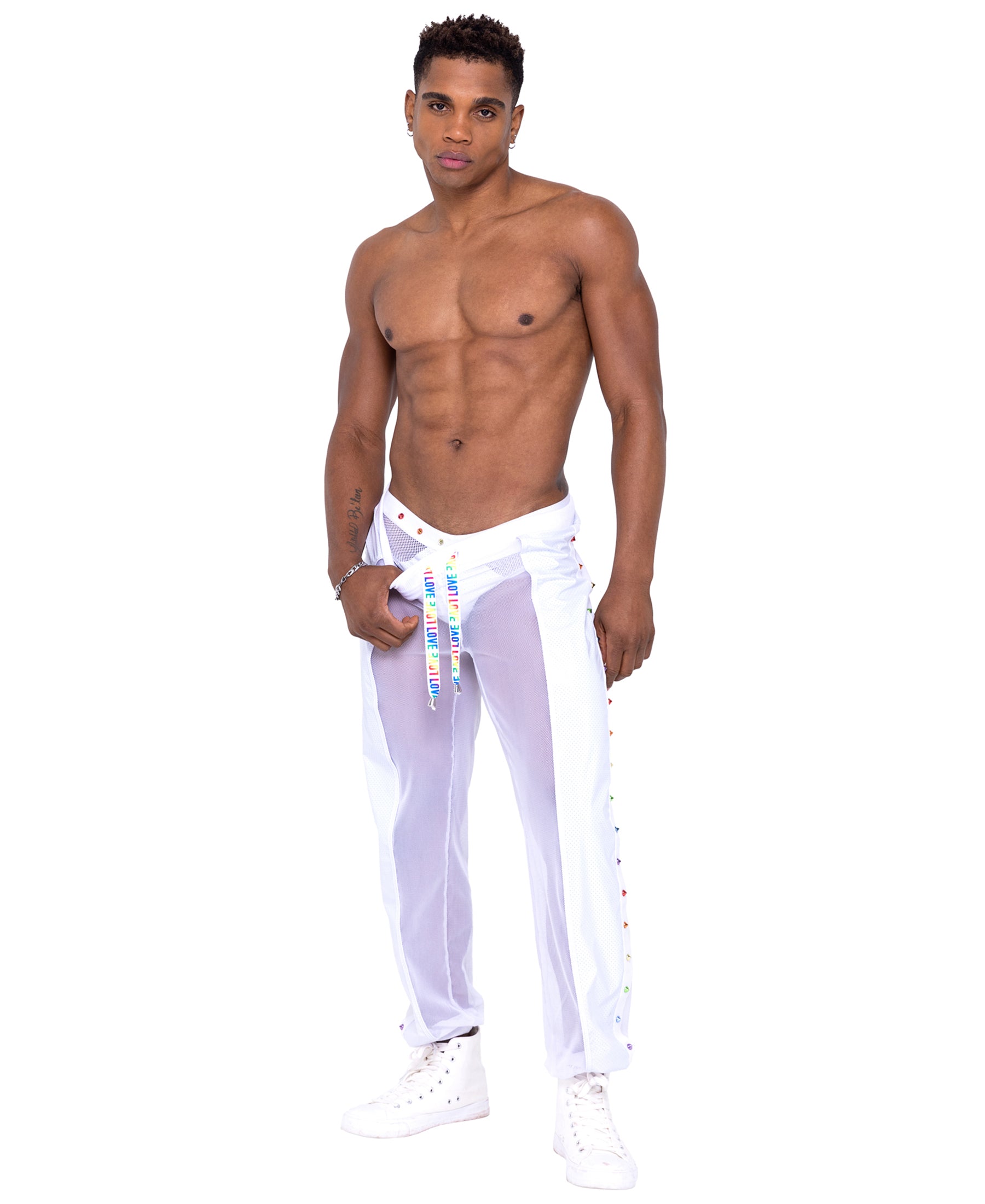 6335 Pride Vinyl Mesh & Mesh Joggers with Rainbow Studs Detail, & LOVE Printed Drawstring White front view