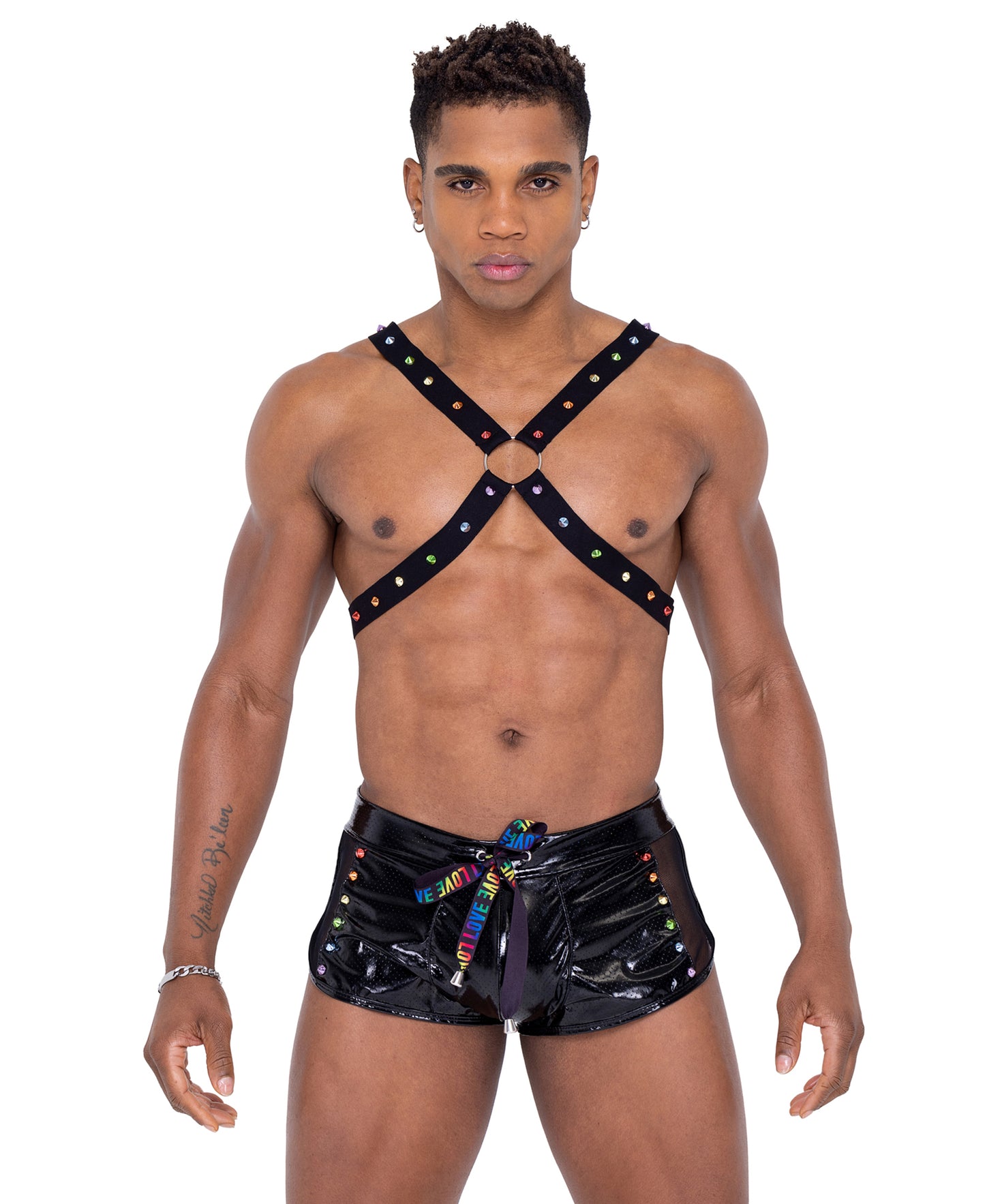 6337 Pride Harness with Rainbow Stud Detail Black front view pic 2