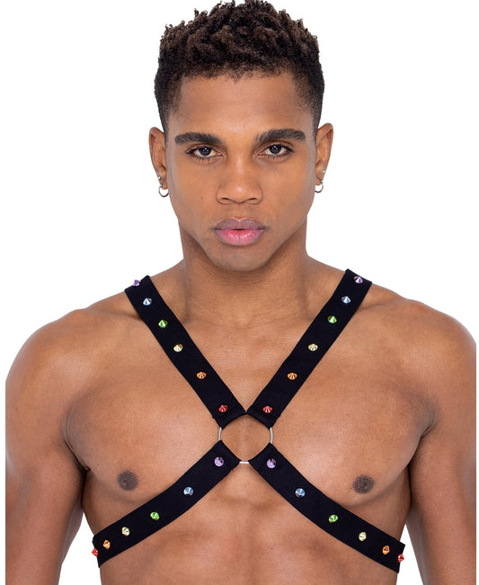6337 Pride Harness with Rainbow Stud Detail Black front view