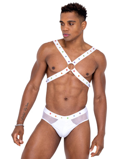 6337 Pride Harness with Rainbow Stud Detail White front view