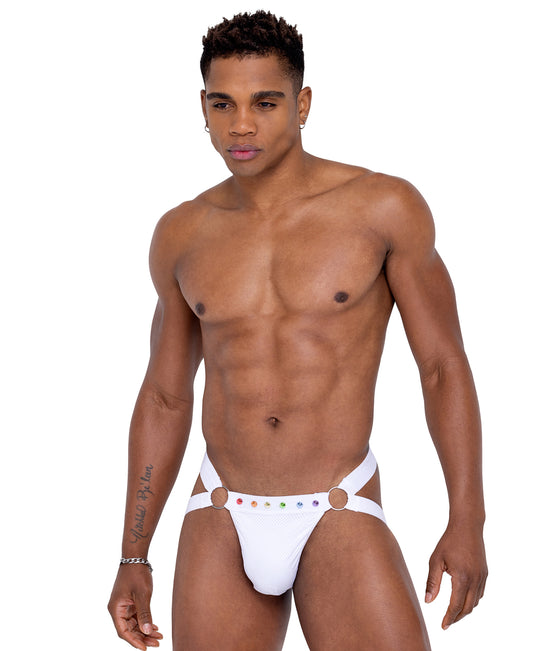 6339 Pride Jock Strap with Rainbow Studs White front view