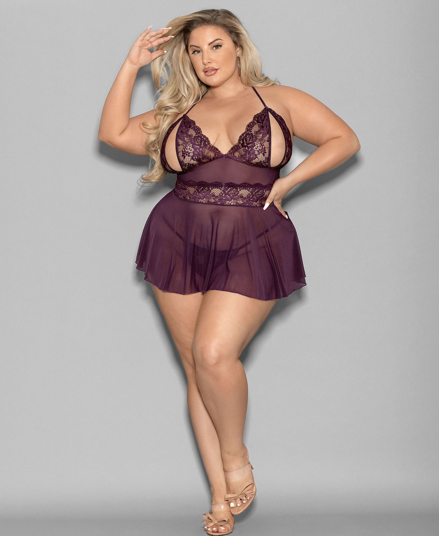 2183X Lace & Mesh Open Cup Shorty Babydoll front view