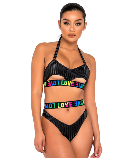 6146 Pride Bikini Top with Underboob Cutout & LOVE Elastic Logo front view