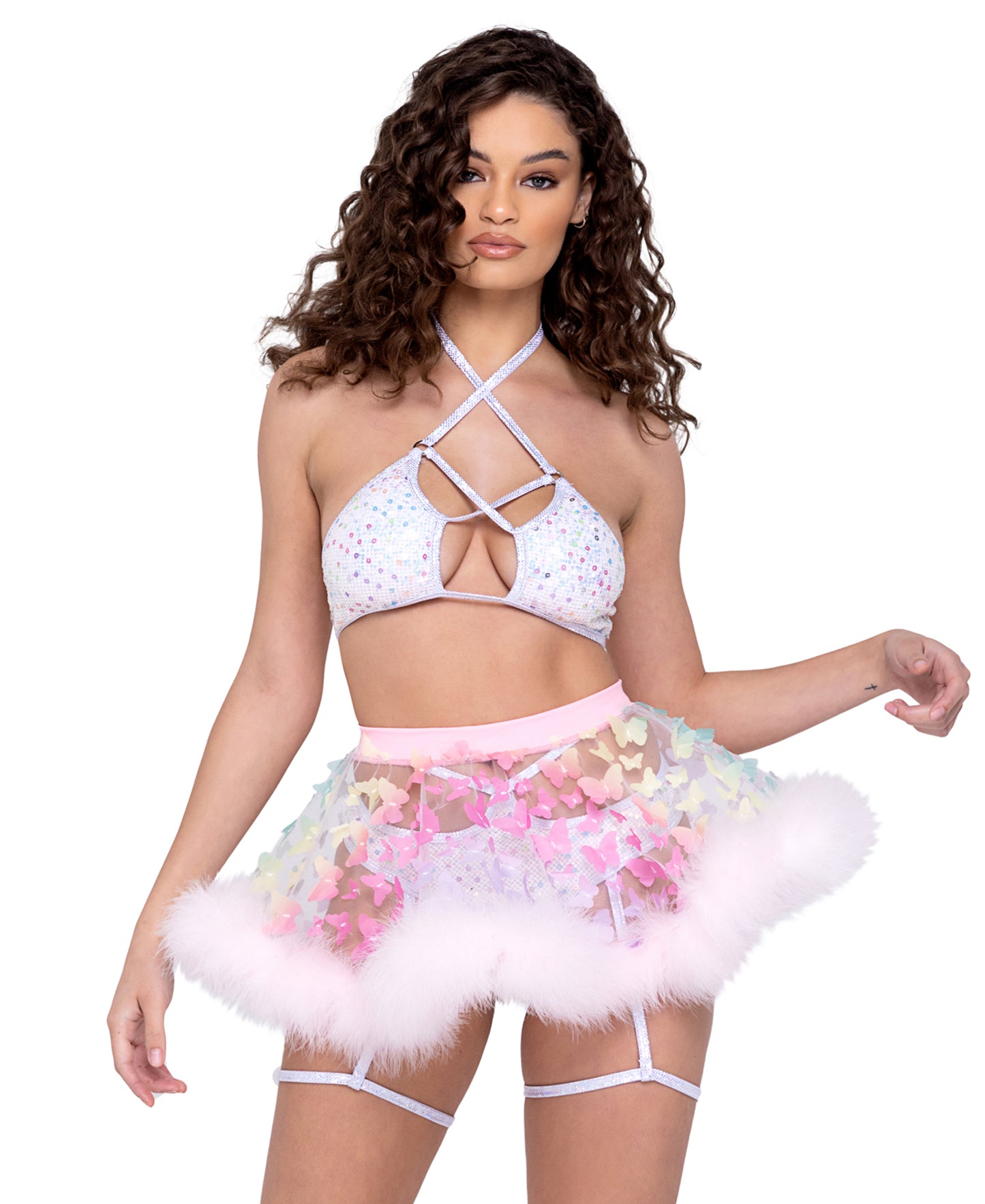6245 Sheer Butterfly Skirt with Marabou Trim Pink/Multi front view