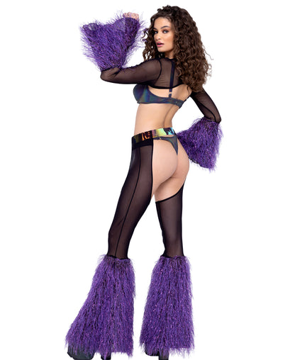 6247 Sheer Shrug with Faux Fur Bell Sleeve Black/Purple rear view