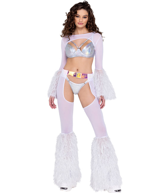 6247 Sheer Shrug with Faux Fur Bell Sleeve White front view