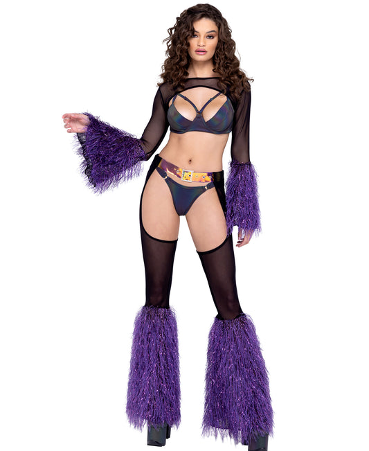 6248 Sheer Chaps with Faux Fur Bell & Belt Black/Purple Front view 