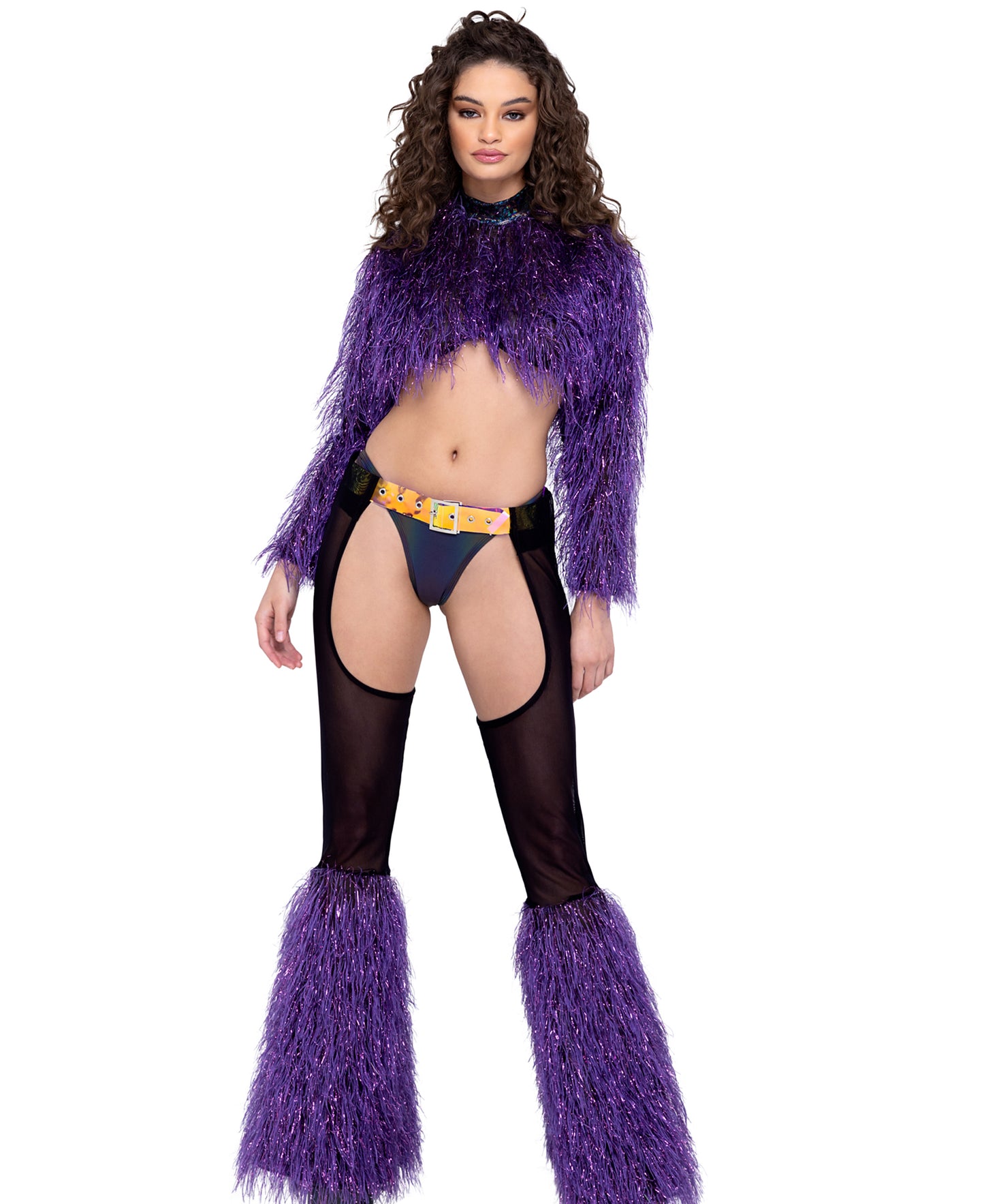 6250 Long Sleeved Faux Fur Cropped Top Purple front view