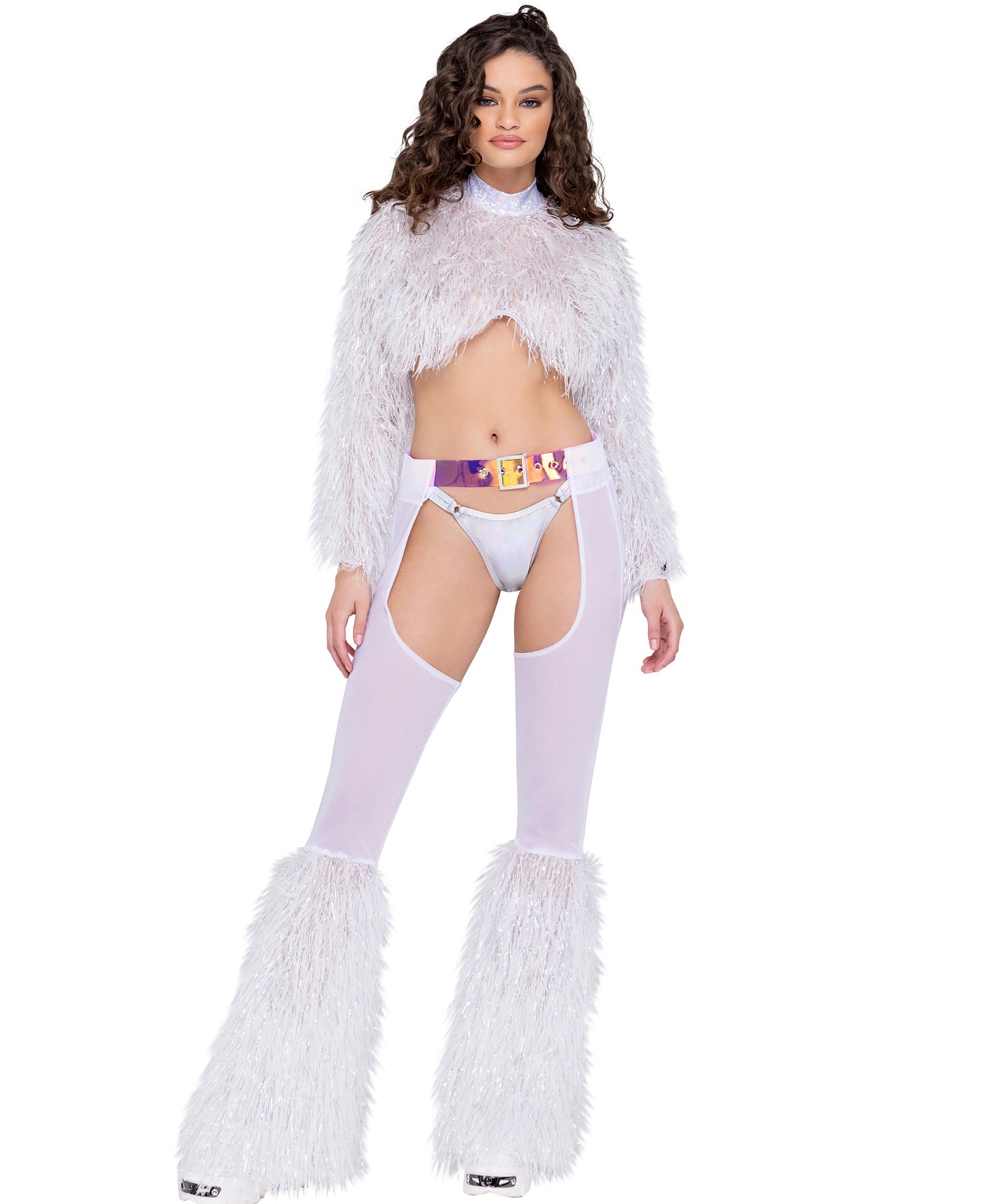 6250 Long Sleeved Faux Fur Cropped Top White front view