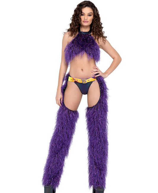 6252 Faux-Fur Chaps with Belt Purple Front view 