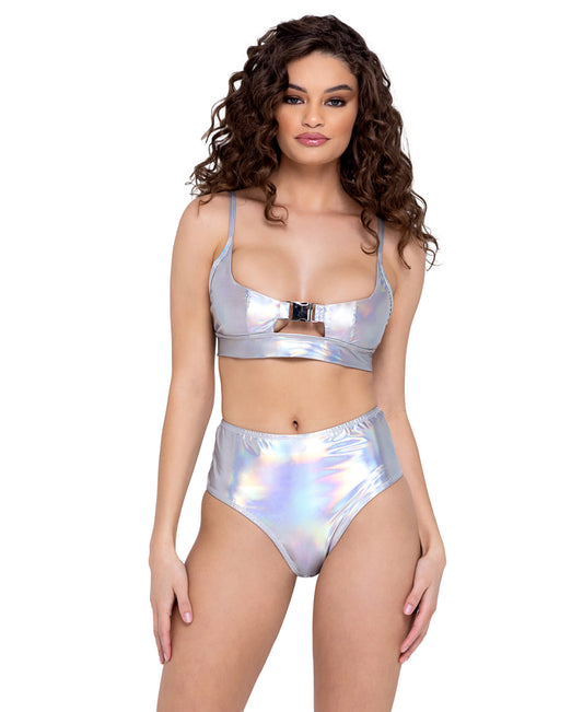 6254 Hologram Crop Top with Buckle Closer front view