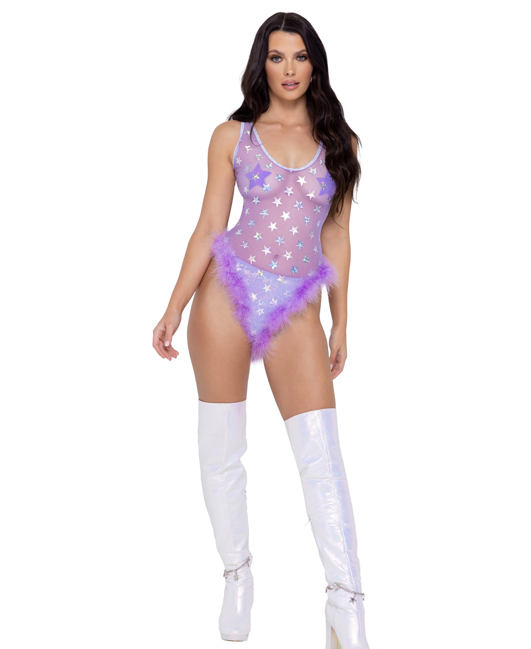 6272 Sheer Stars Romper with Marabou Trim Lavender /Silver front view