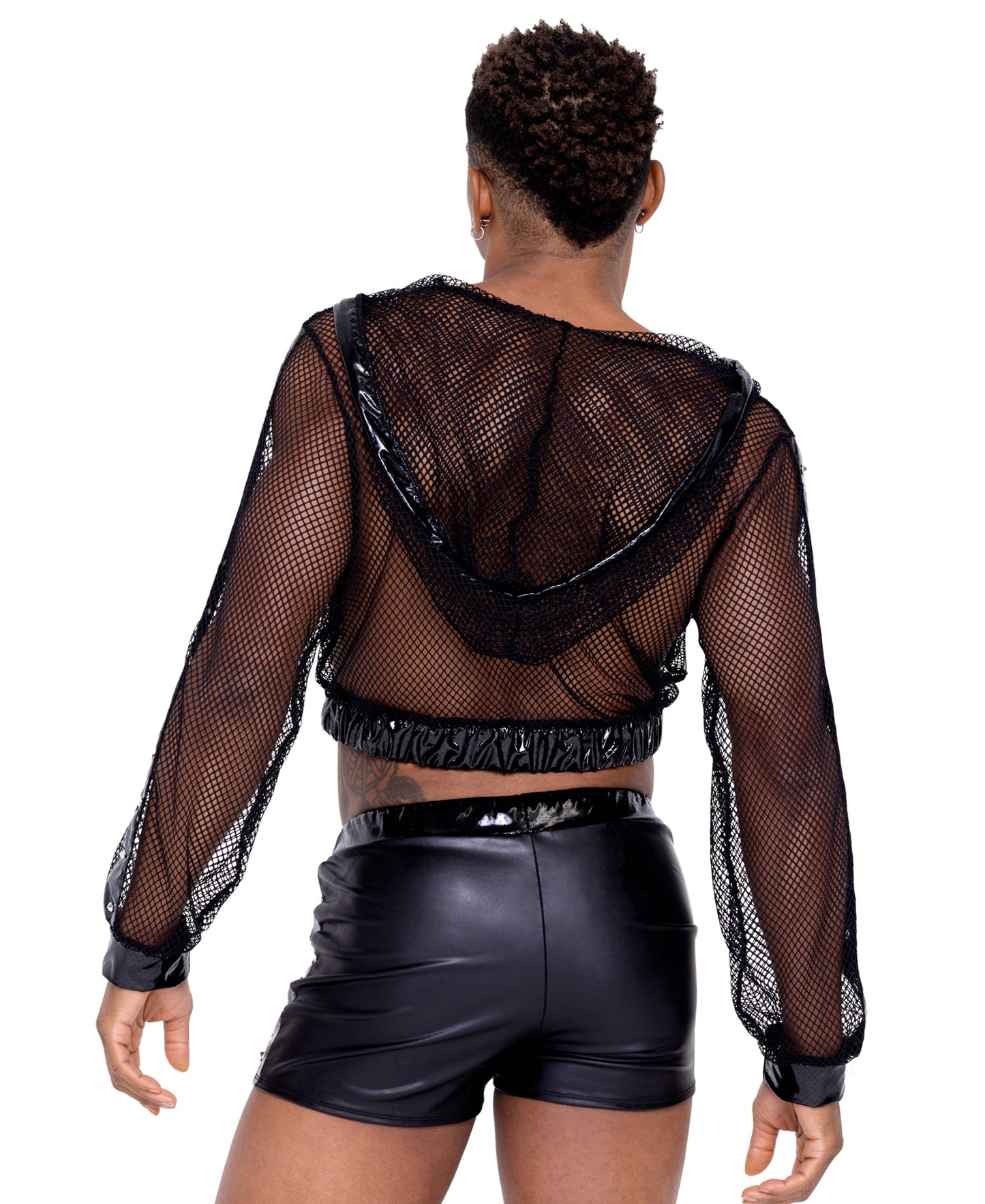 6328 Cropped Fishnet Hoodie with Stud Detail rear view