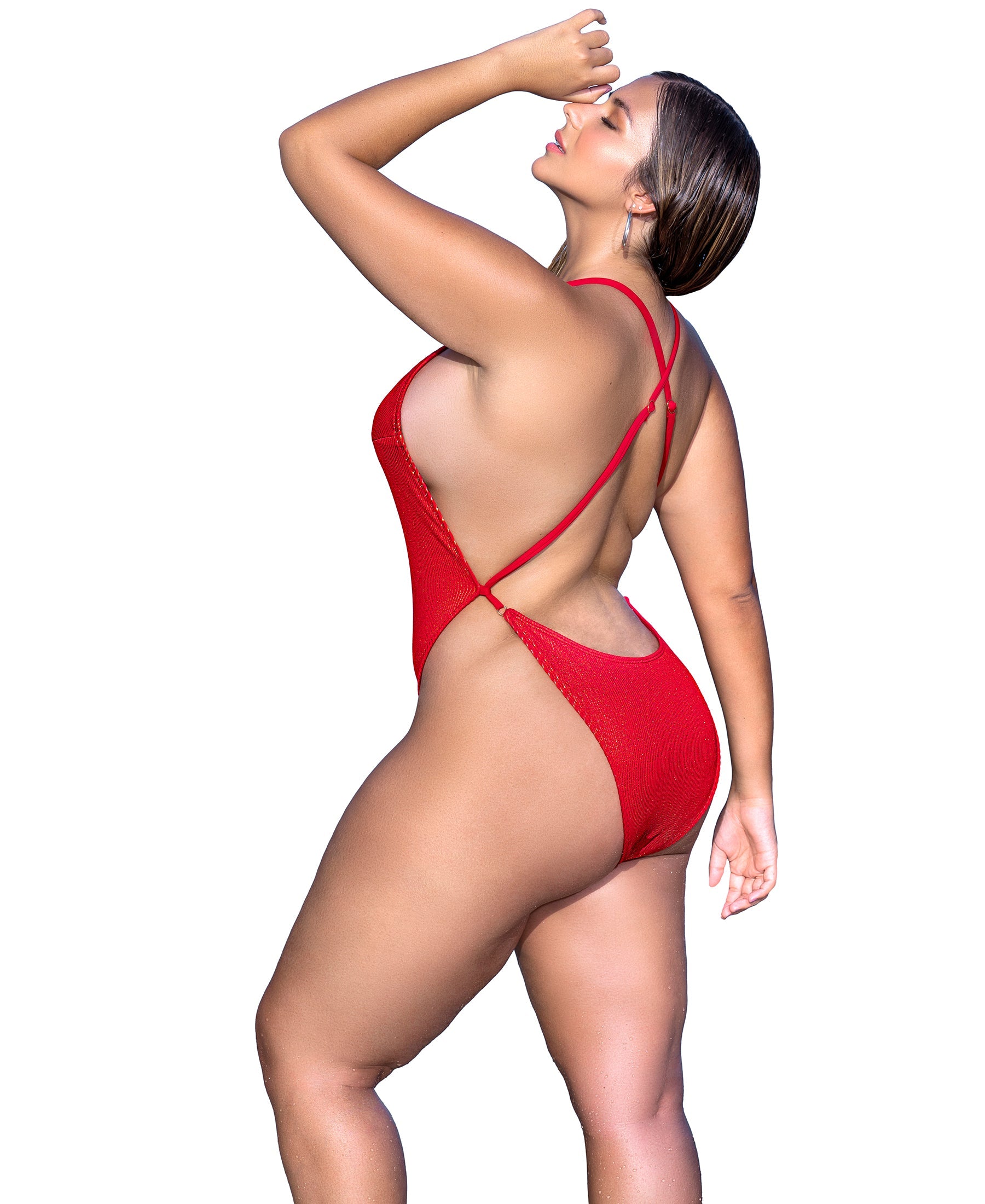 6656X Ribbed 1pc Swimsuit Shimmery Red rearview