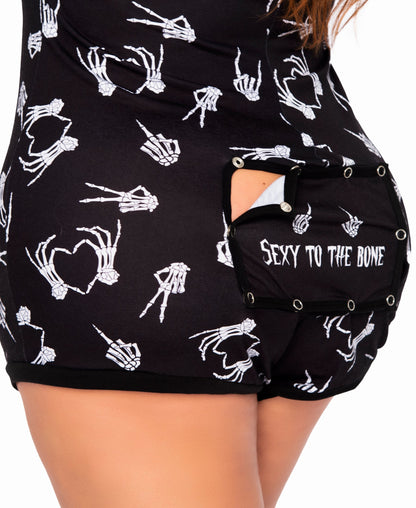 7466X Edgy Skeleton Print Romper rear view up close