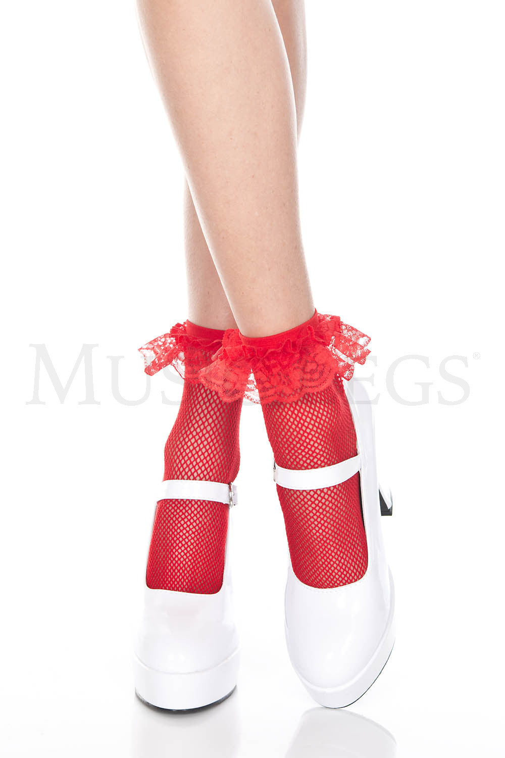 Fishnet Ruffle Top Ankle Hi Stockings in Black or Red