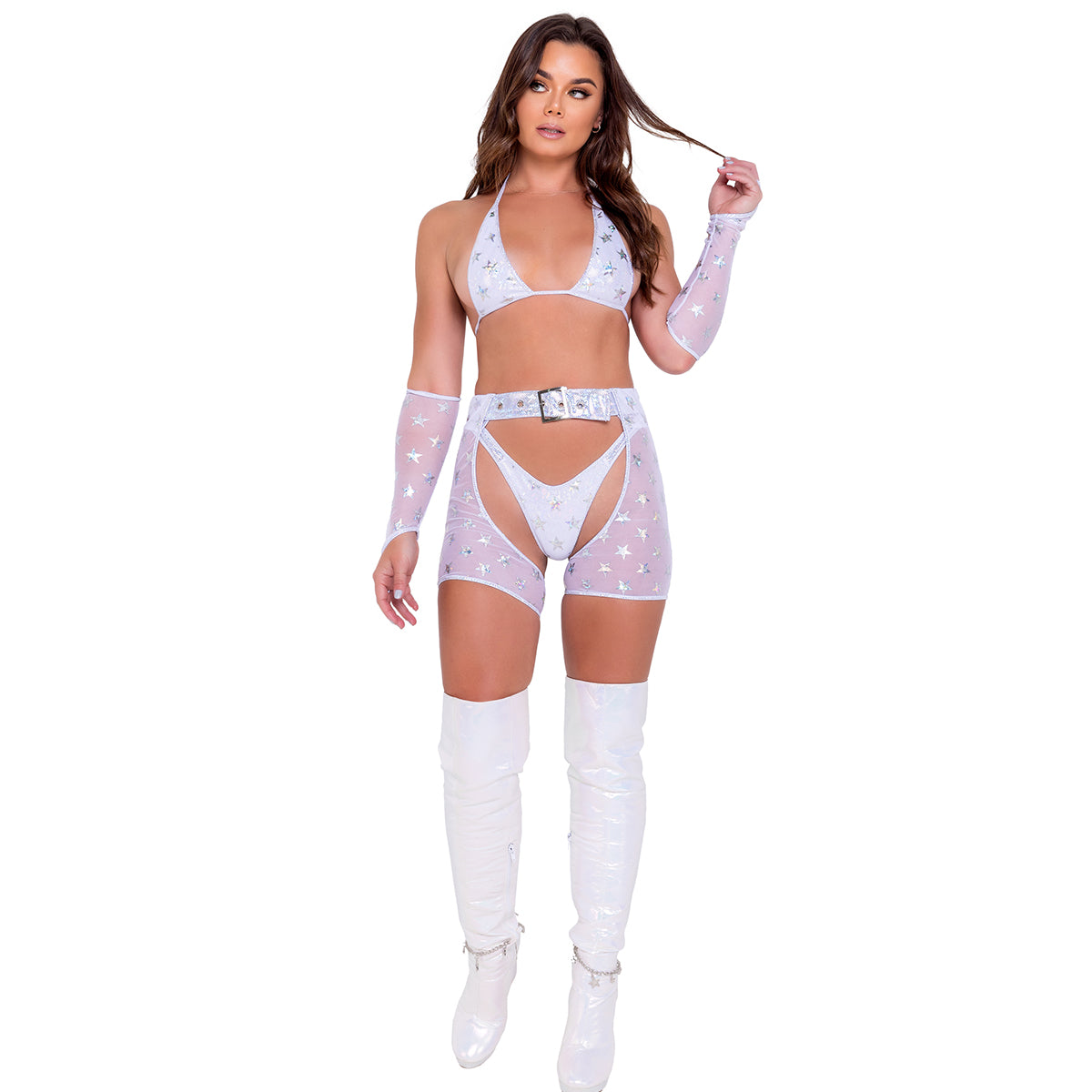 Stars Bikini Tie-Top White/Silver front view shown with Arm Guards 6163, and chaps 6063