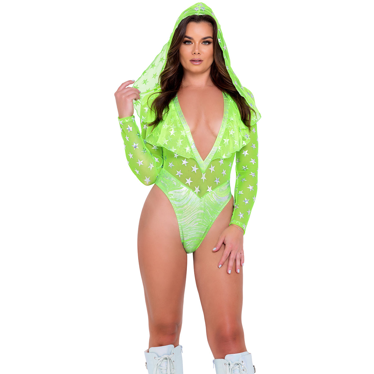 Mesh Two Toned Romper in Neon Green 6085 front view