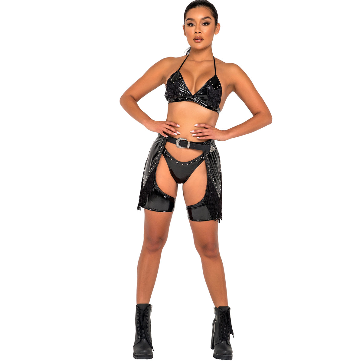 Studded Vinyl Bikini Top 6126 front view shown with Shorts 6127 and chaps 6128