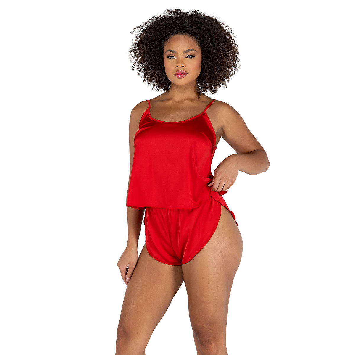 2pc soft satin tulip short set red front view