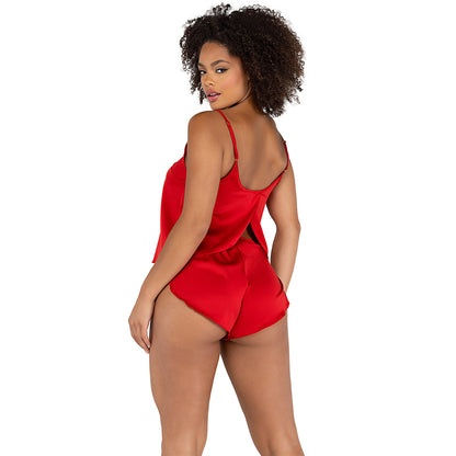 2pc soft satin tulip short set red rear view